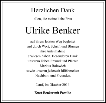 Traueranzeige von Ulrike Benker von Pegnitz-Zeitung